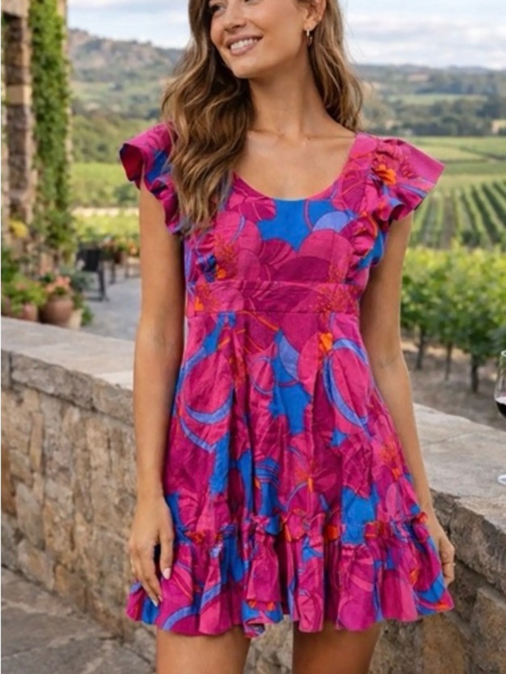 Tuckernuck Floral Ruffle A-Line Mini Dress in Magenta and Blue